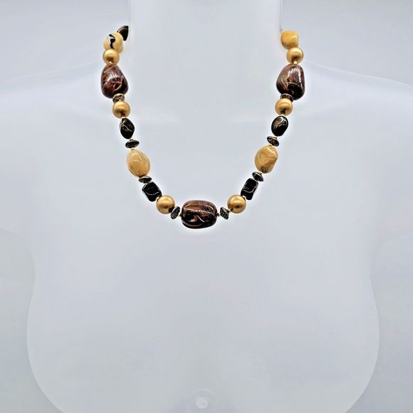 Marbled Faux Stone Necklace Chunky Statement Brown Camel Gold Beaded Jewelry - Picture 3 of 6